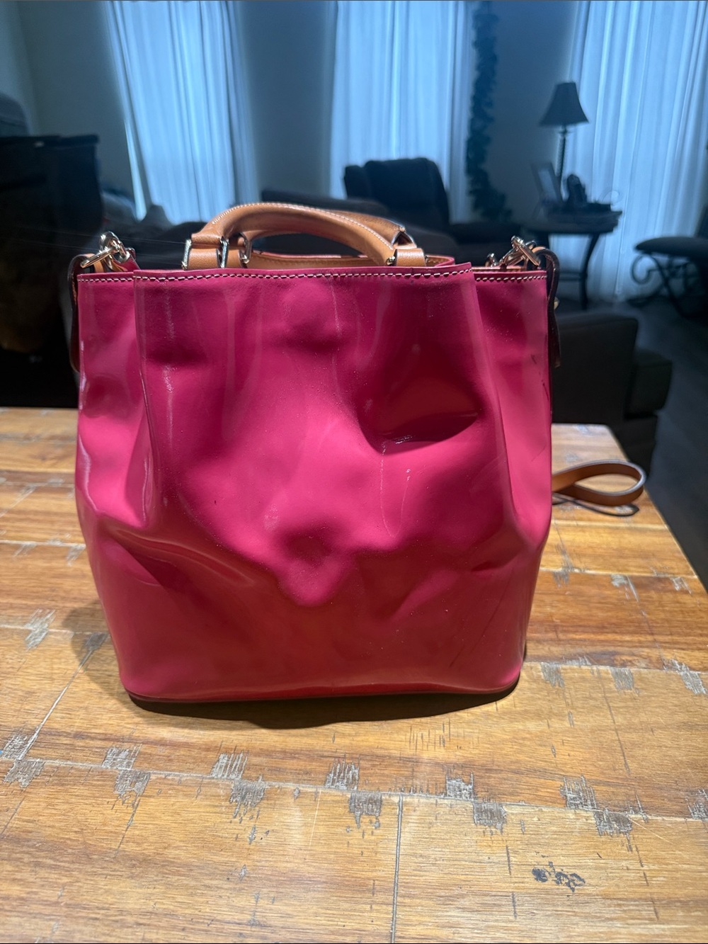 Dooney & Bourke Pink-Red Patent Satchel with Tan Trim - Picture 6 of 10